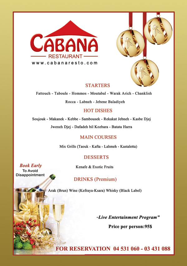 Cabana Restaurnat New Year eve's menu